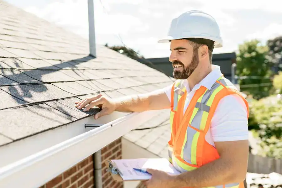Roofing contractor inspecting a residential roof in Toronto during the spring to check for winter damage.