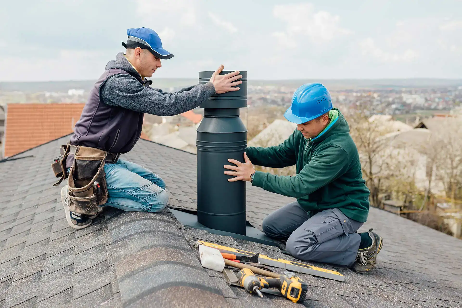 Roofer performing a targeted roof repair to fix a leak near a chimney in Toronto.