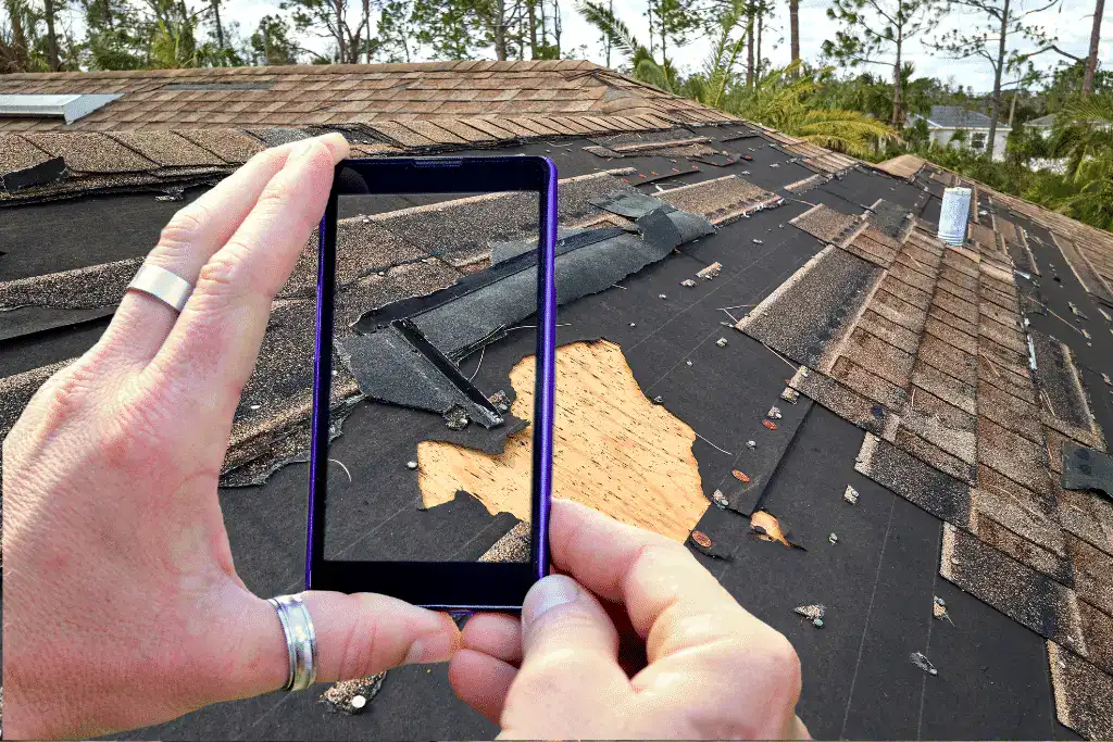 Toronto homeowner taking pictures of roof damage caused by a storm for documentation purposes.