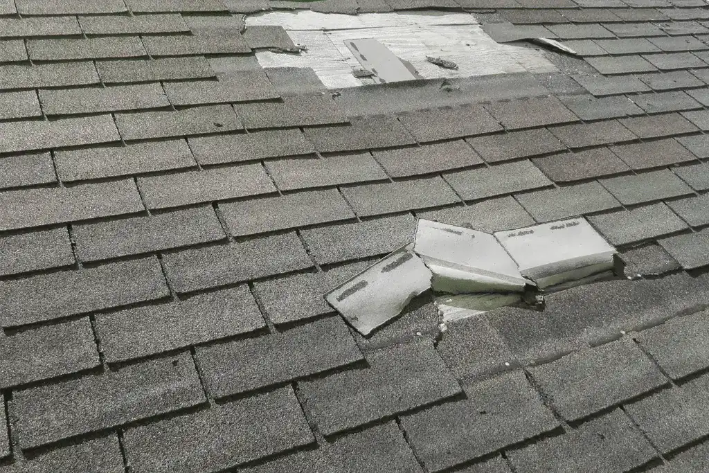 Toronto home with missing shingles after a severe storm, exposing the underlayment to potential water damage.