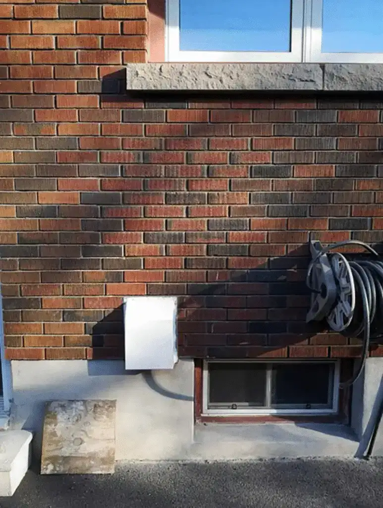 Brick wall beneath a concrete window sill with a light-colored rectangular patch and utility fixtures