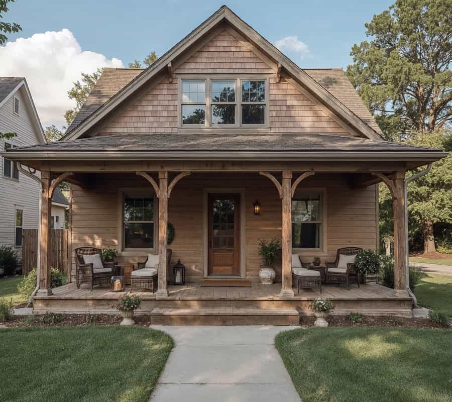 Covered wood front porch with timber posts, steps, seating, and a concrete walkway
