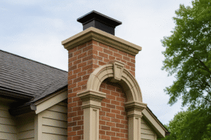 Chimney restoration with ornate stone accents