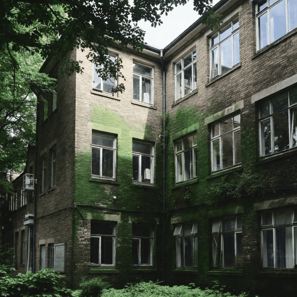 Brick façade covered with green moss and algae growth around multiple windows
