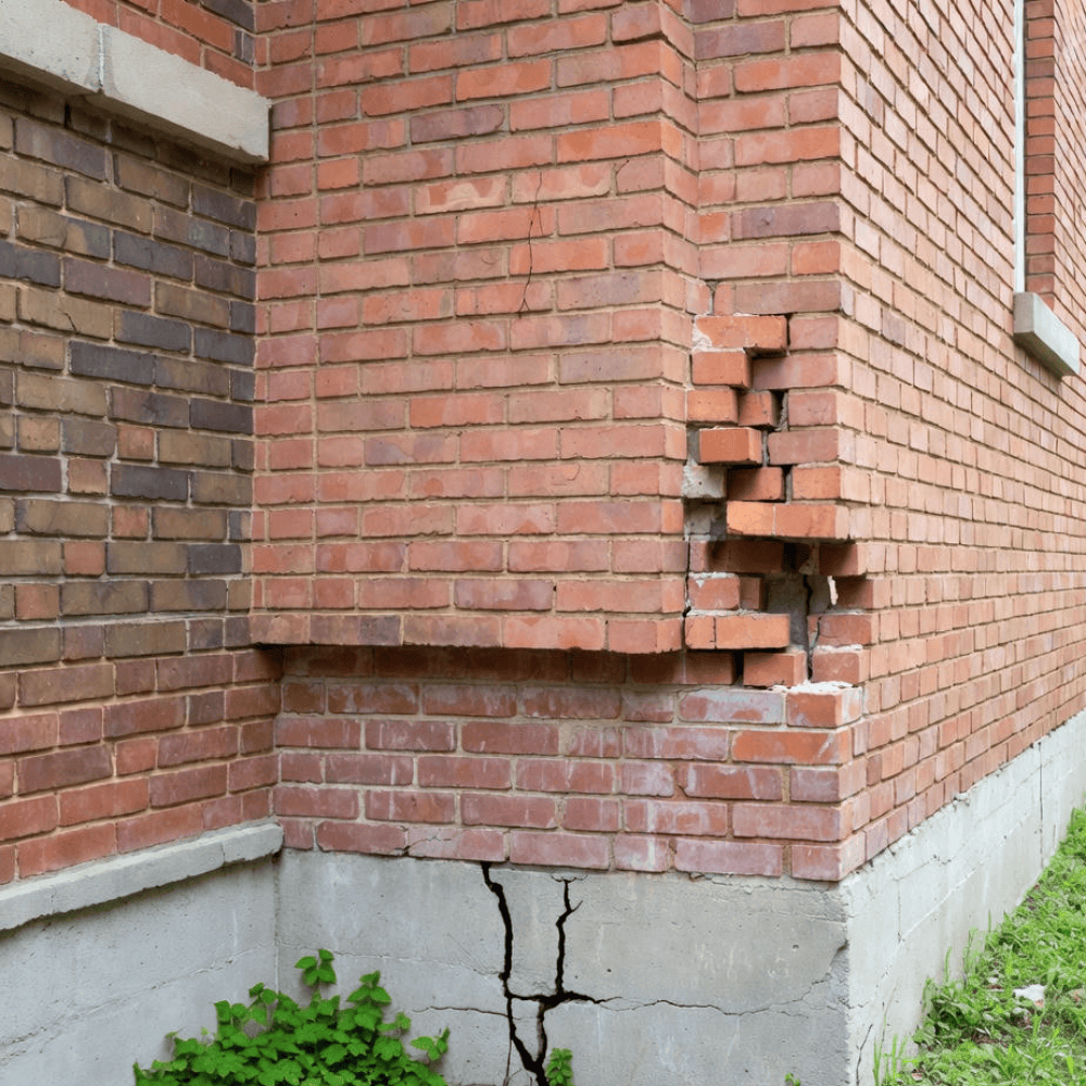 Cracked brick corner with displaced masonry and deep cracks extending through the concrete foundation