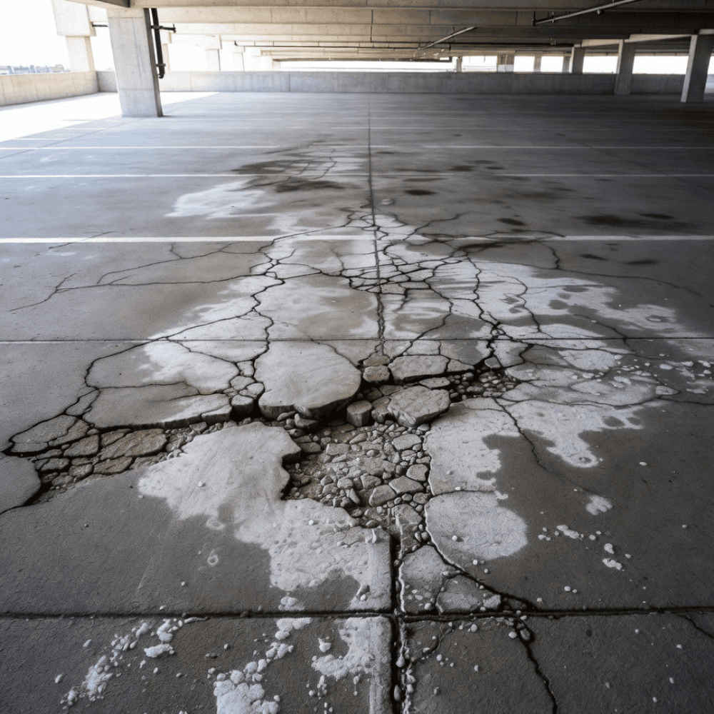 Severely cracked and spalled concrete floor inside a multi-level parking garage