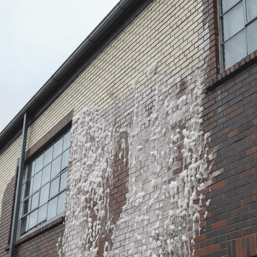 Heavy white efflorescence deposits covering sections of a commercial brick facade