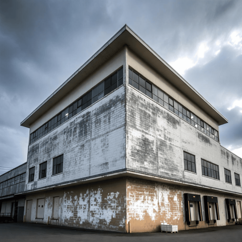 Industrial masonry facade with patchy white coating, dark vertical staining, and weathered lower walls