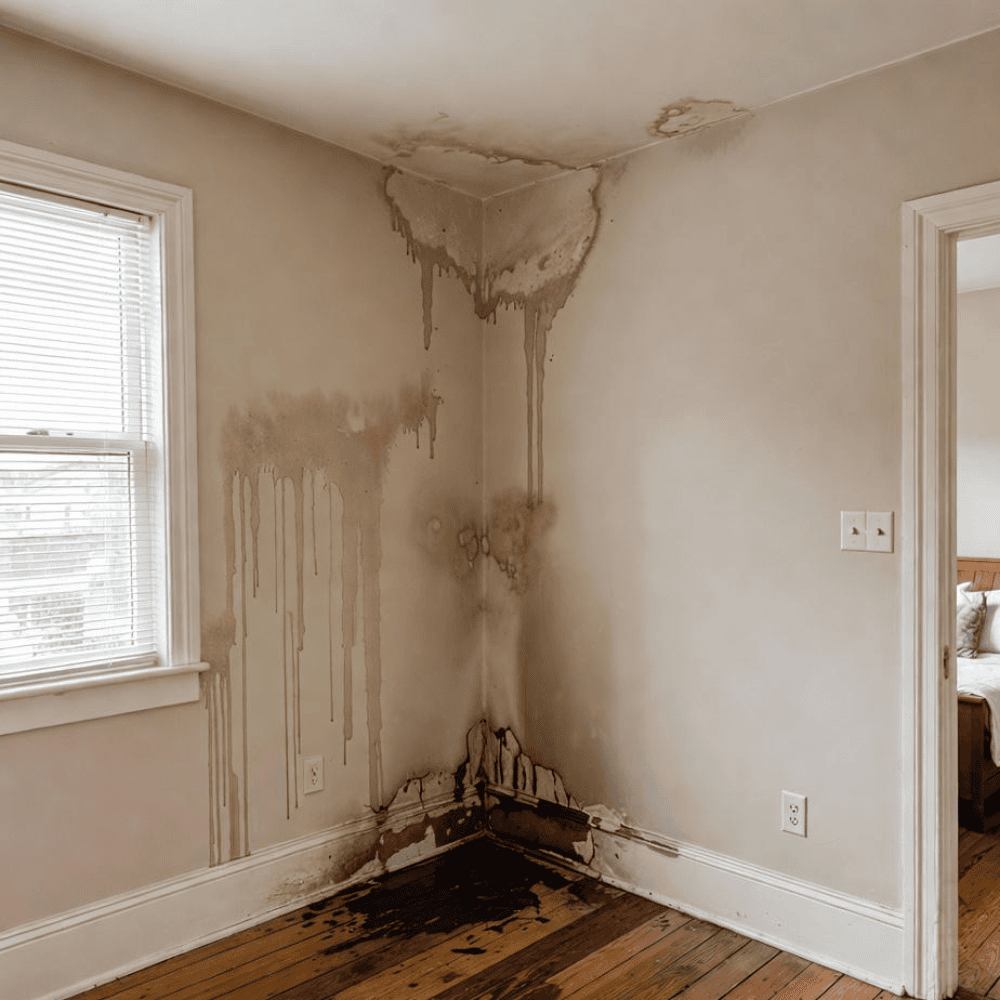 Interior corner with extensive water stains, peeling paint, and damaged flooring beneath the ceiling