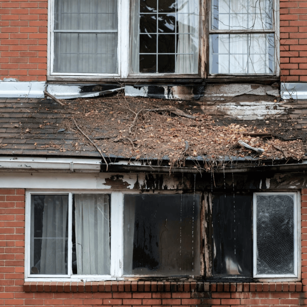 Brick façade with water-stained window surrounds, deteriorated trim, and debris-covered overhang