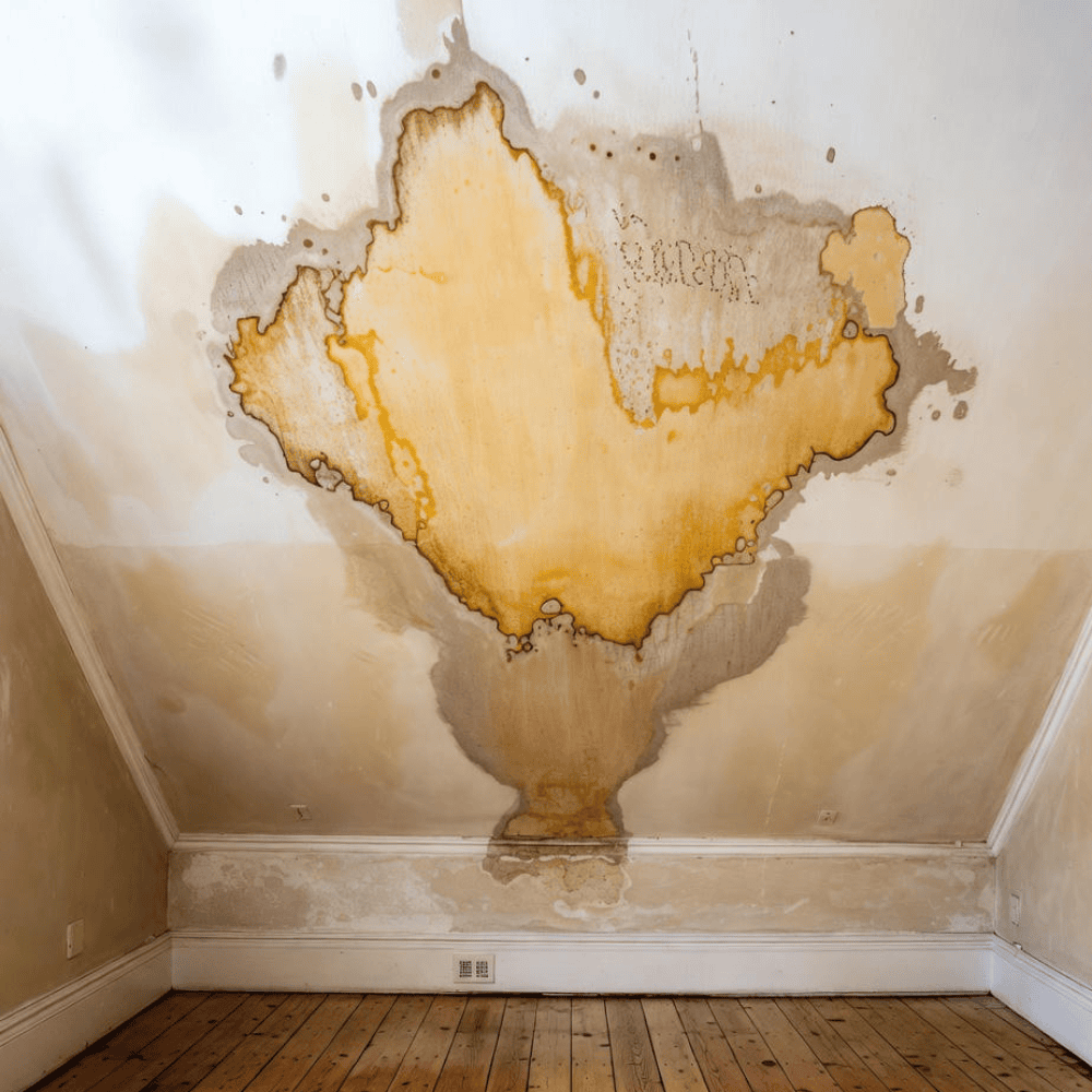 Severe water stains and peeling paint spread across a room ceiling and upper wall