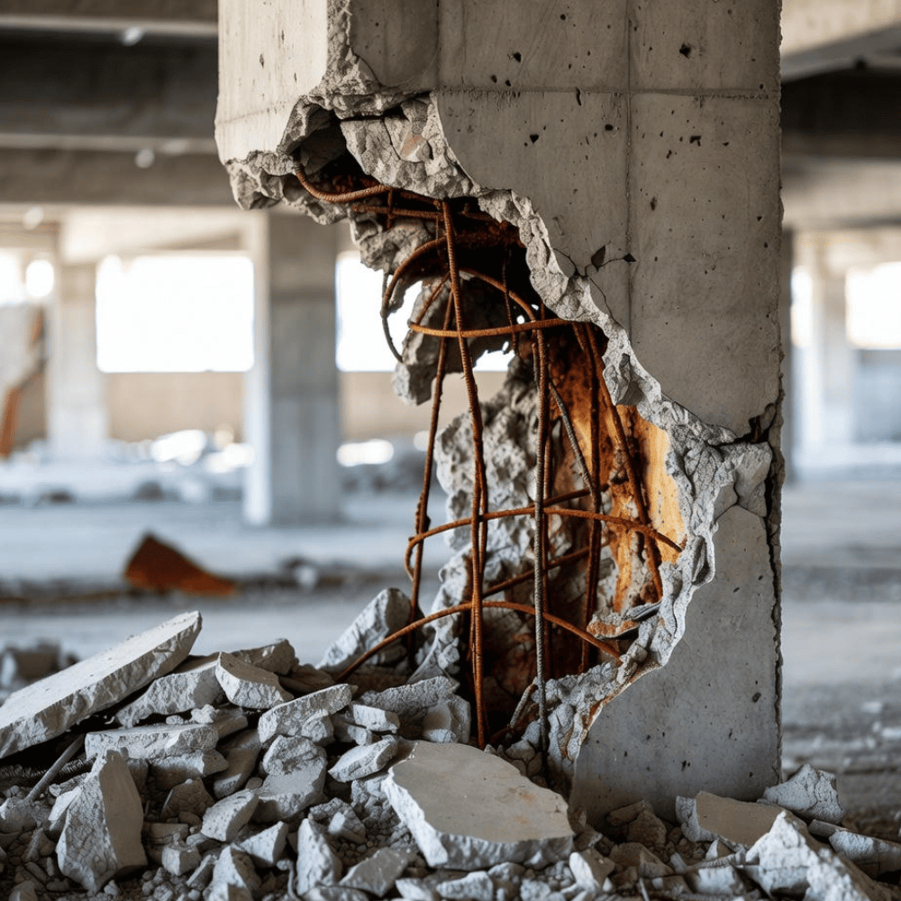 Severely spalled concrete column with exposed rusted reinforcing steel and fallen concrete debris