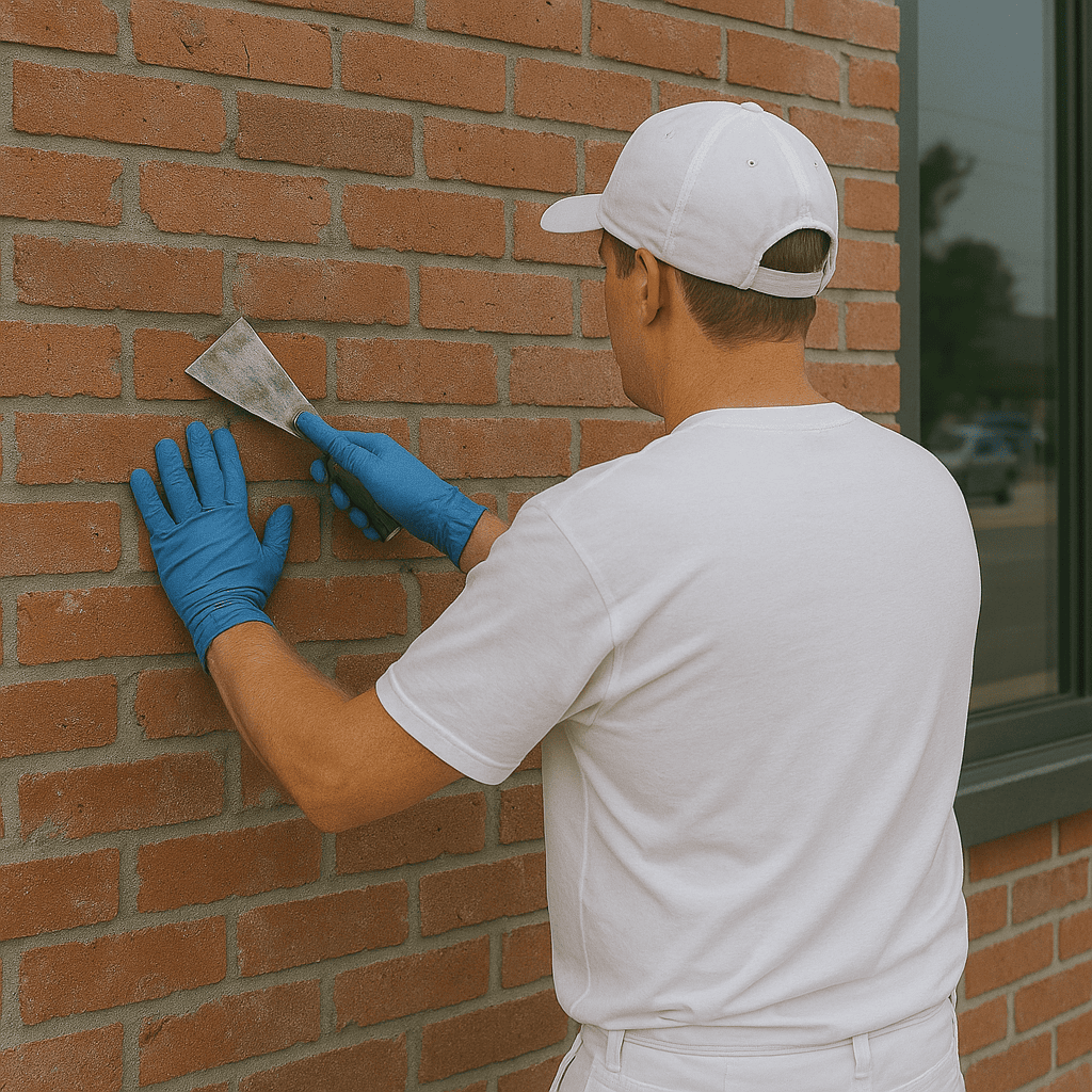 Commercial masonry wall in St. Catharines being prepared before SurGuard coating