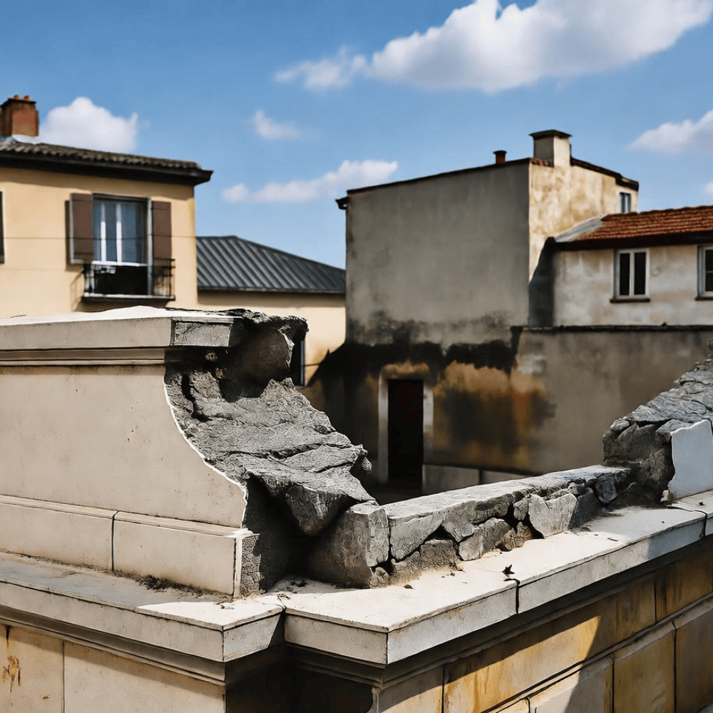 Collapsed parapet wall with exposed masonry beneath damaged coping at a rooftop edge