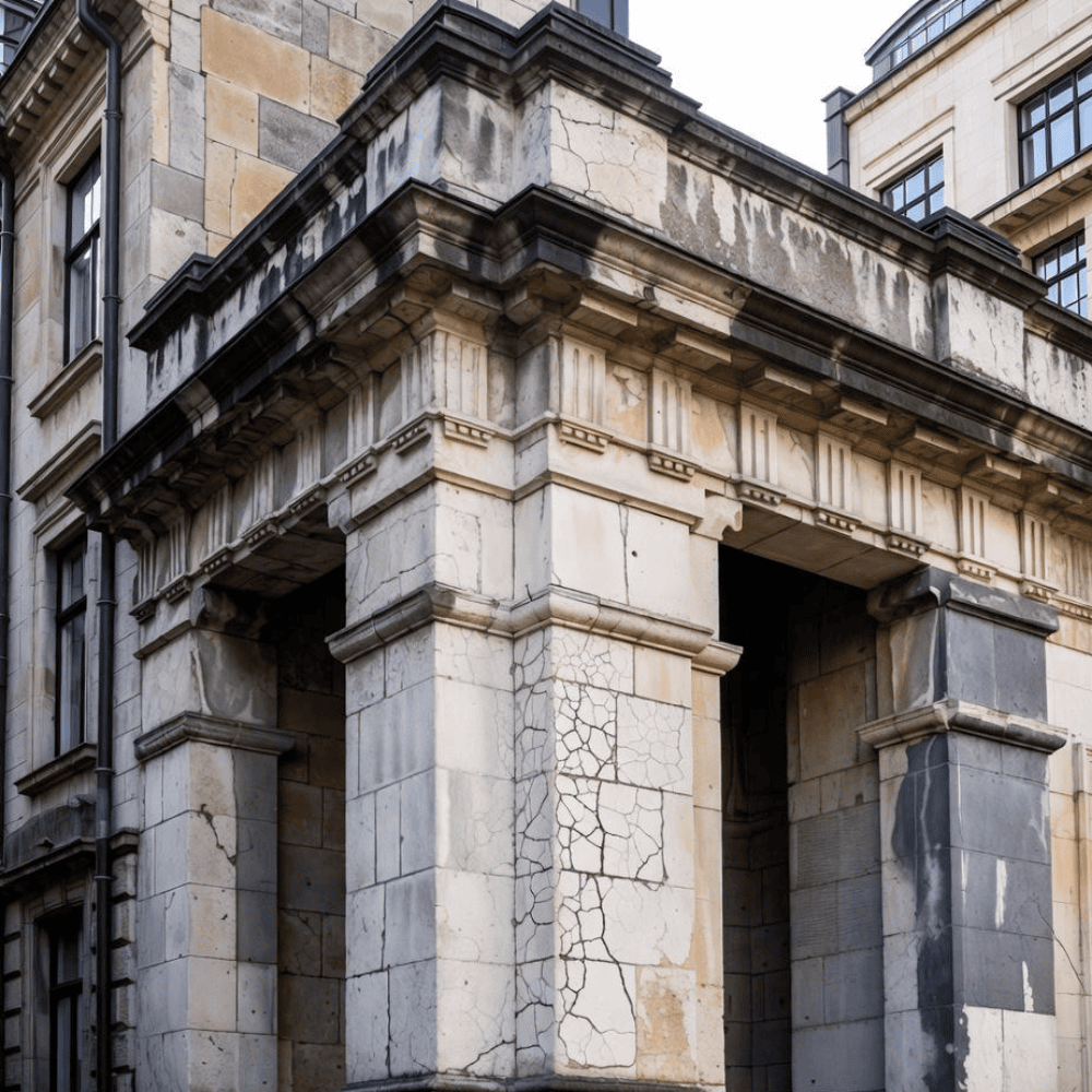 Cracked and weathered stone facade with ornate columns, cornice details, and dark surface staining