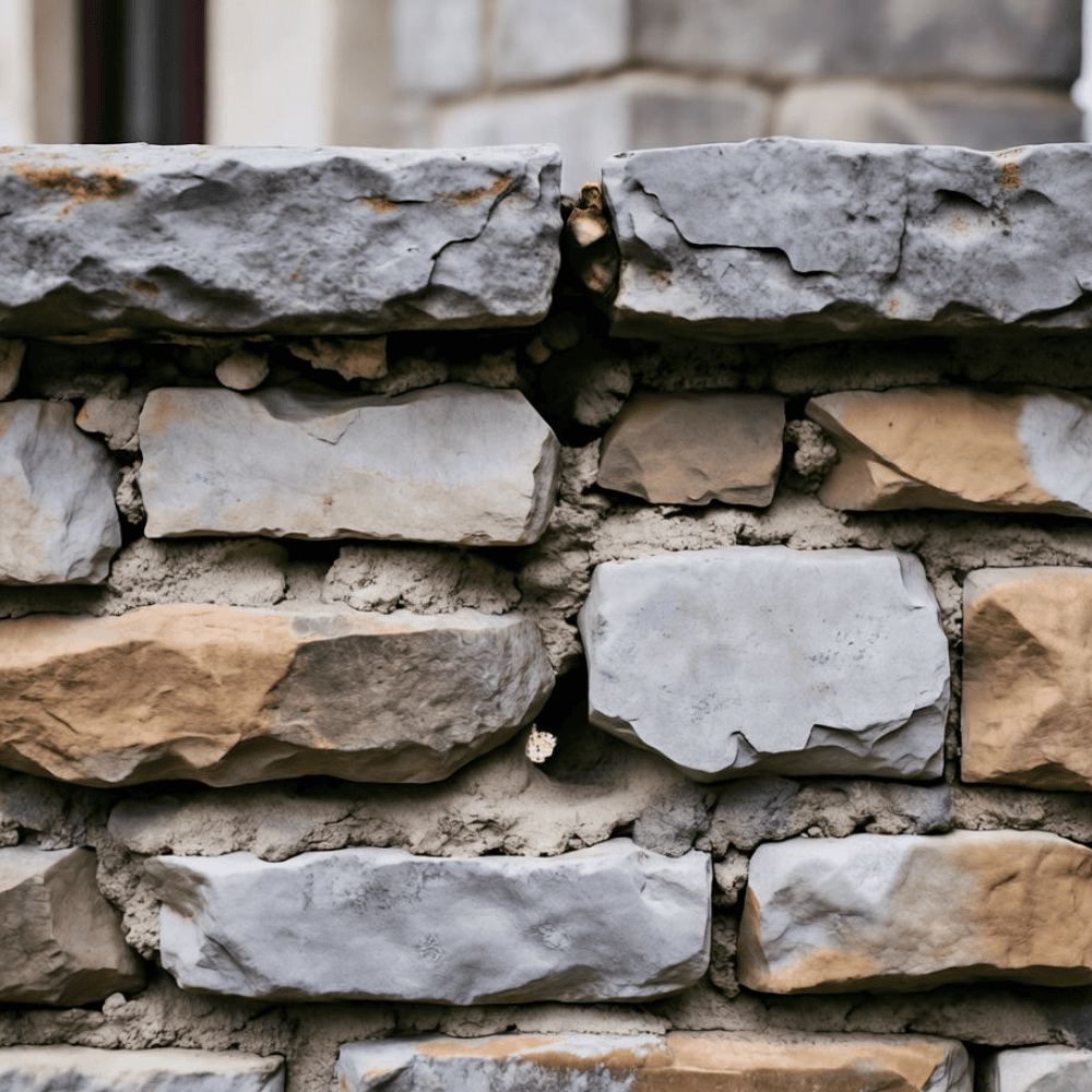 Stone masonry wall with loose, deteriorated mortar and open joints between irregular stones