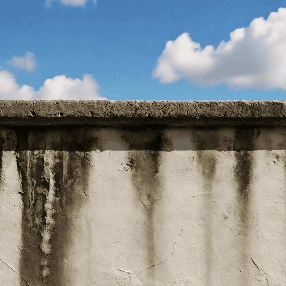 Parapet wall with dark moisture staining beneath a rough concrete coping