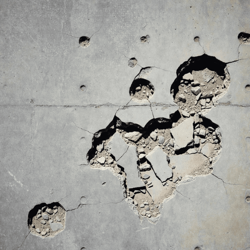 Concrete surface with multiple potholes, spalling, exposed aggregate, and branching cracks