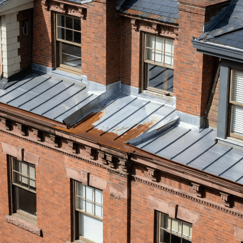 Rust-stained flashing at multiple metal roof-to-wall junctions on an ornate brick facade