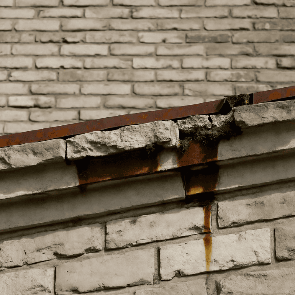 Rusted steel support beneath cracked, spalled masonry with visible rust staining