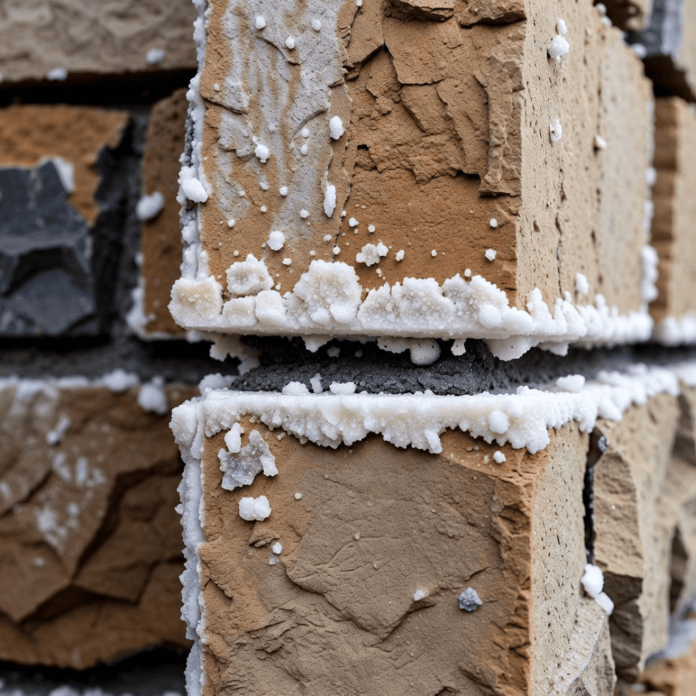 White salt deposits covering joints and surfaces of tan brick masonry