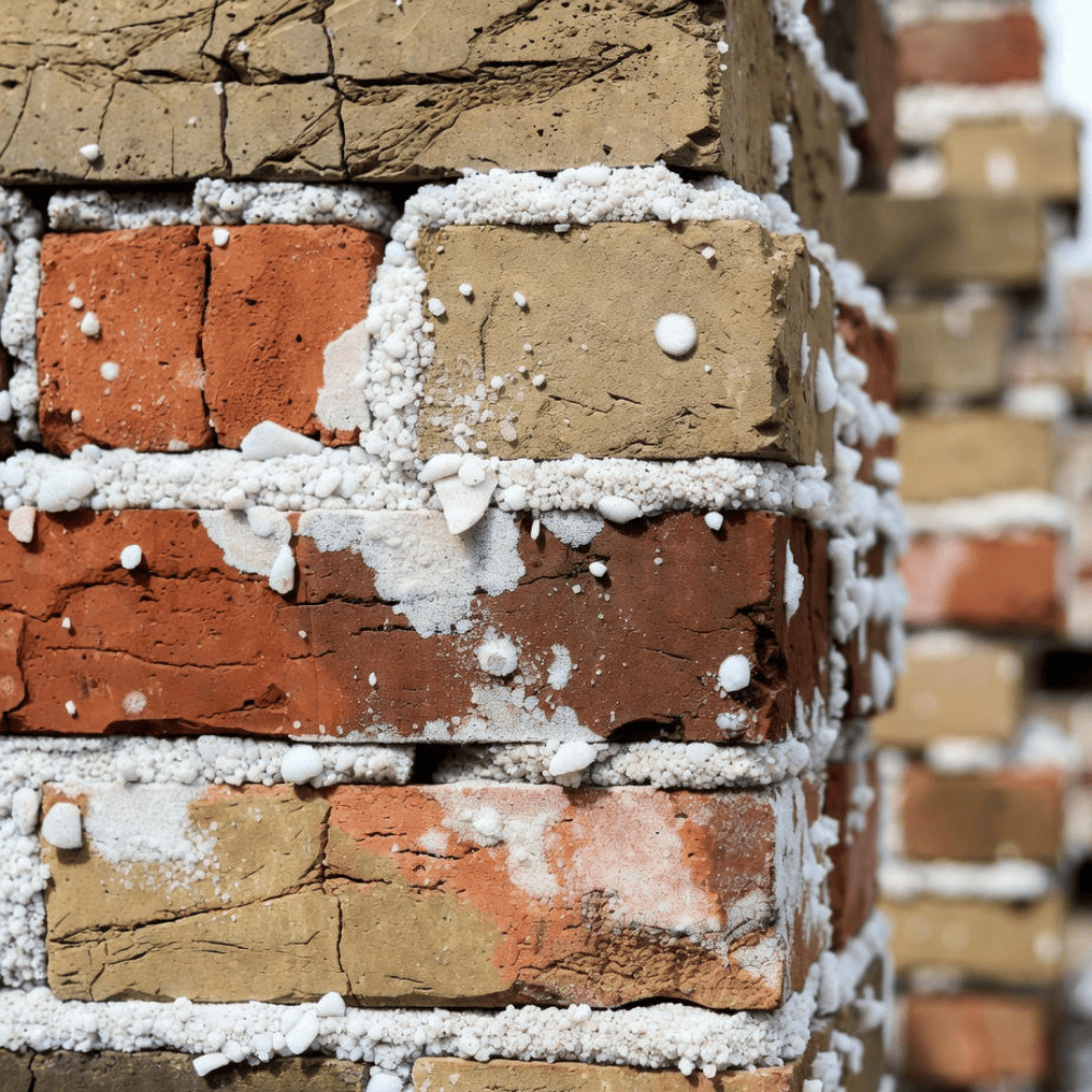White salt deposits covering mortar joints and weathered bricks on a masonry wall