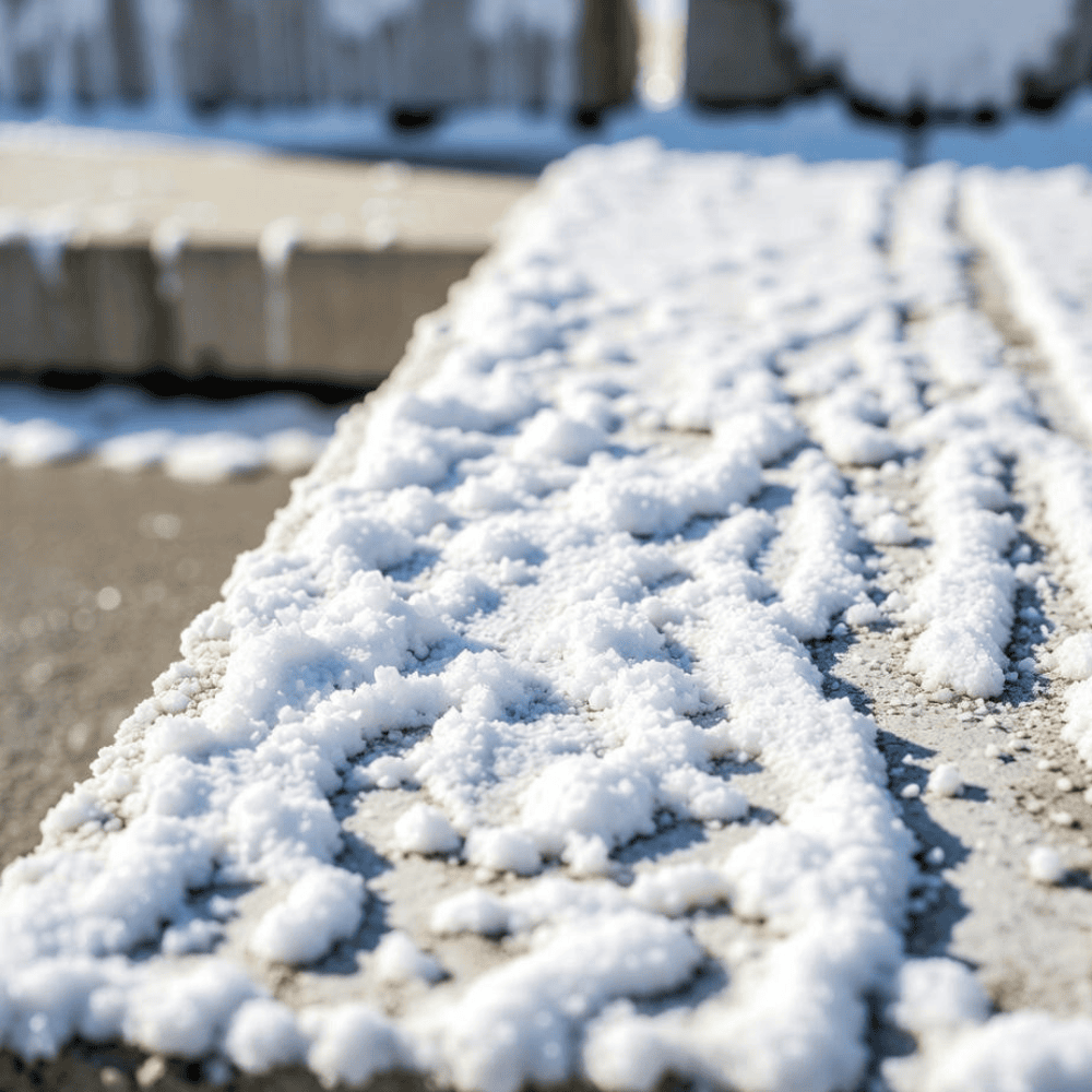 White salt deposits cover a weathered concrete surface beside a raised concrete edge