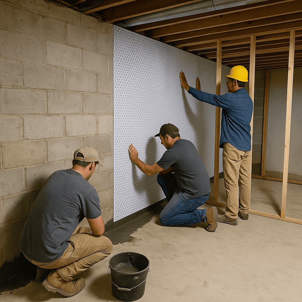 Basement waterproofing crew wide shot