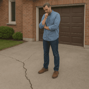 Concerned homeowner standing beside a long crack in a concrete driveway
