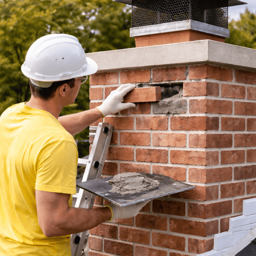 Worker sets a replacement brick into a chimney wall beside fresh mortar