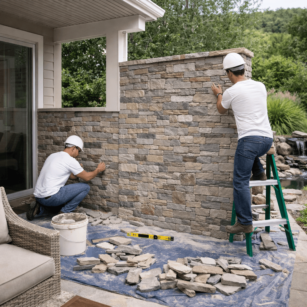 Workers installing stone veneer on an exterior wall beside a covered patio