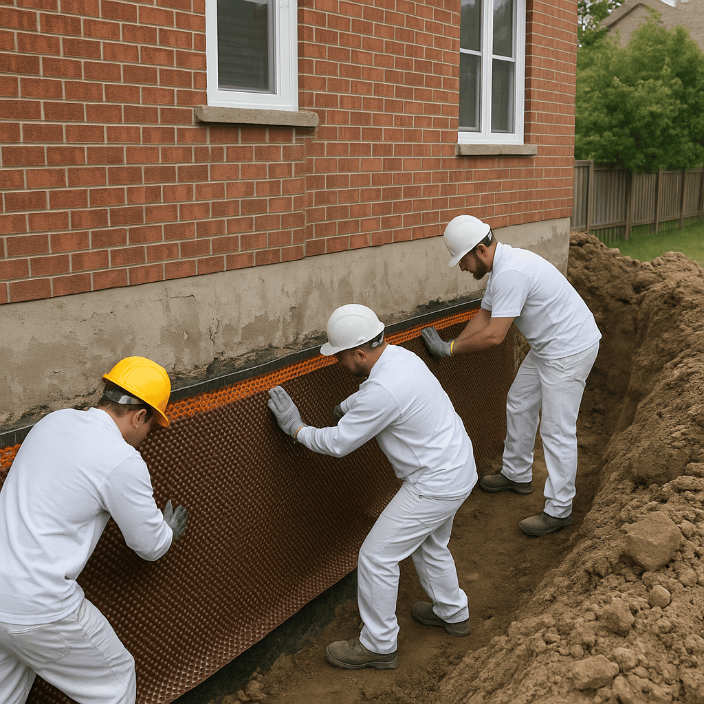 Workers install a dimpled membrane along an excavated brick home's foundation wall