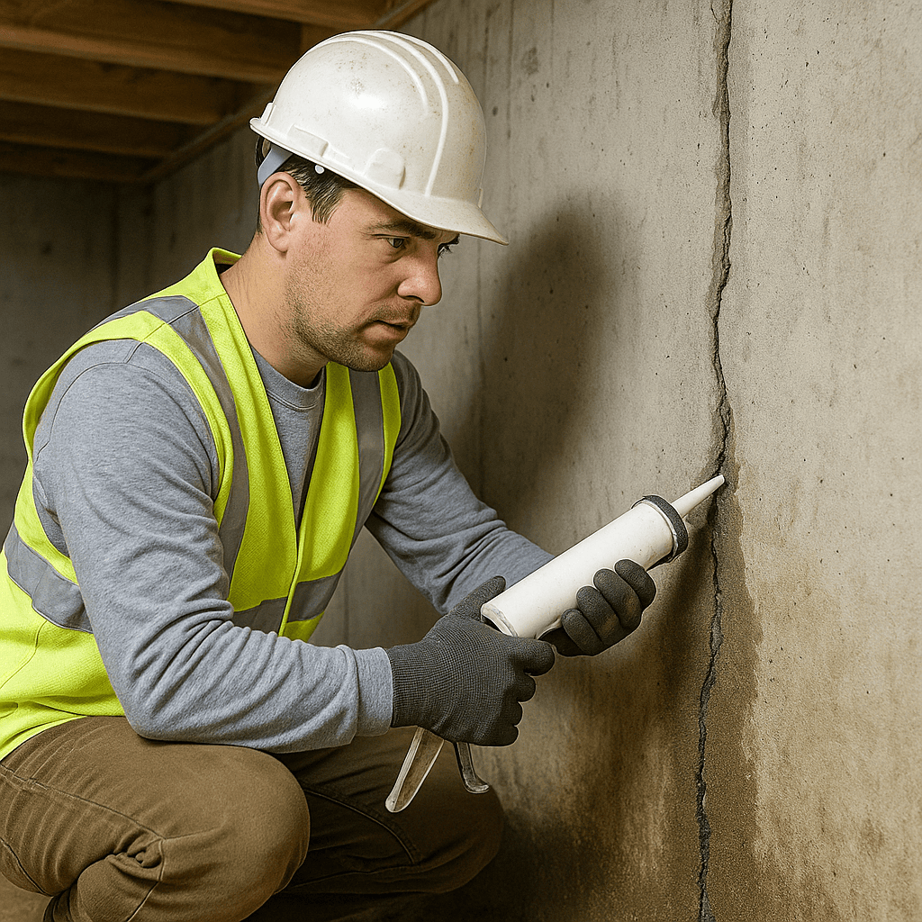 Worker applying sealant along a vertical crack in a concrete basement wall