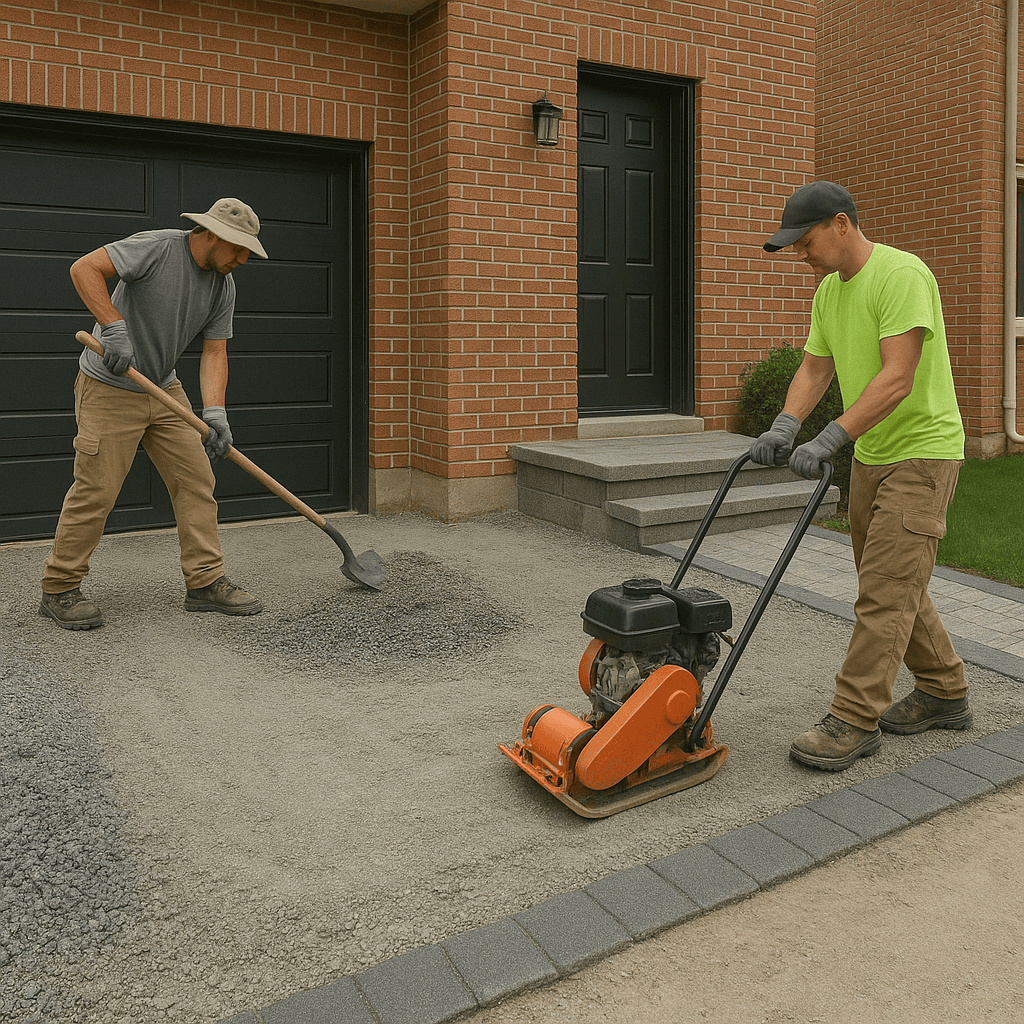 Workers compact aggregate base for an interlocking stone driveway beside a brick home