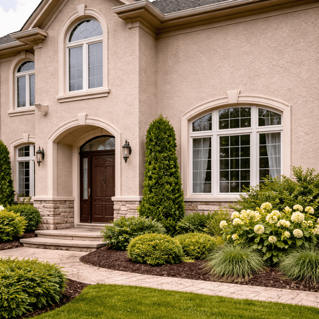 Stucco-clad home facade with arched windows, stone veneer base, entry steps, and landscaped garden beds