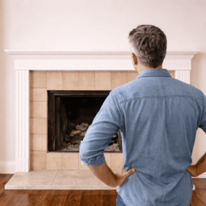 Person examining a tiled fireplace surround and mantel in a home interior