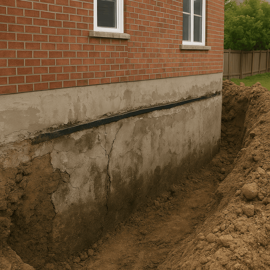 Excavated soil exposes a brick house foundation with a dark horizontal coating, vertical crack, and moisture staining