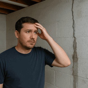 Homeowner examining a vertical crack in a basement concrete block wall