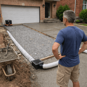 Inspecting driveway repairs in progress