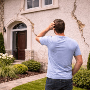 Person inspecting extensive cracks across a textured stucco exterior wall around windows and an entry door