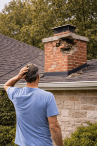 Person looking up at a brick chimney with severe masonry damage and missing bricks above a roofline