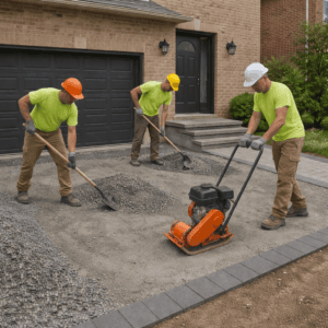 crew preparing and compacting the gravel base for interlocking stone in Concord