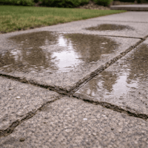 Puddles on textured concrete sidewalk