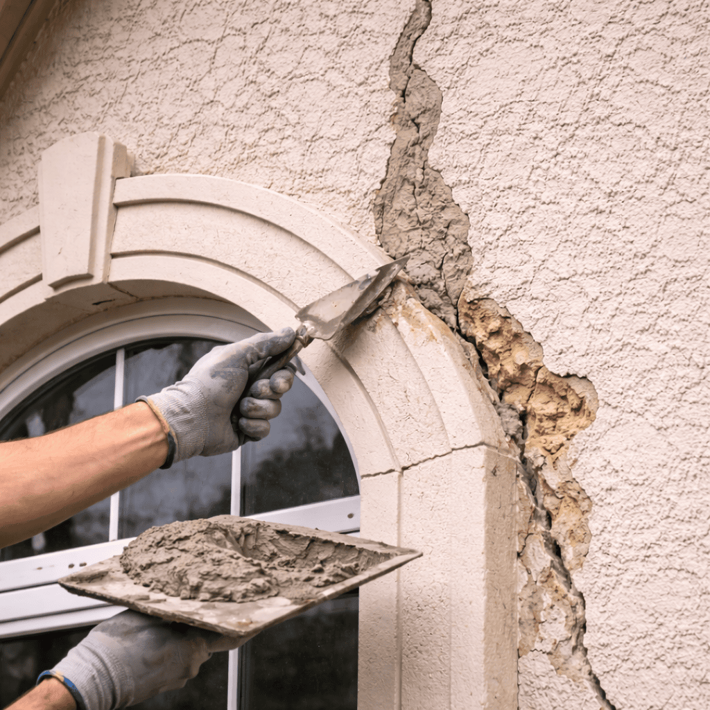 Worker applies stucco repair material beside a large crack around an arched window