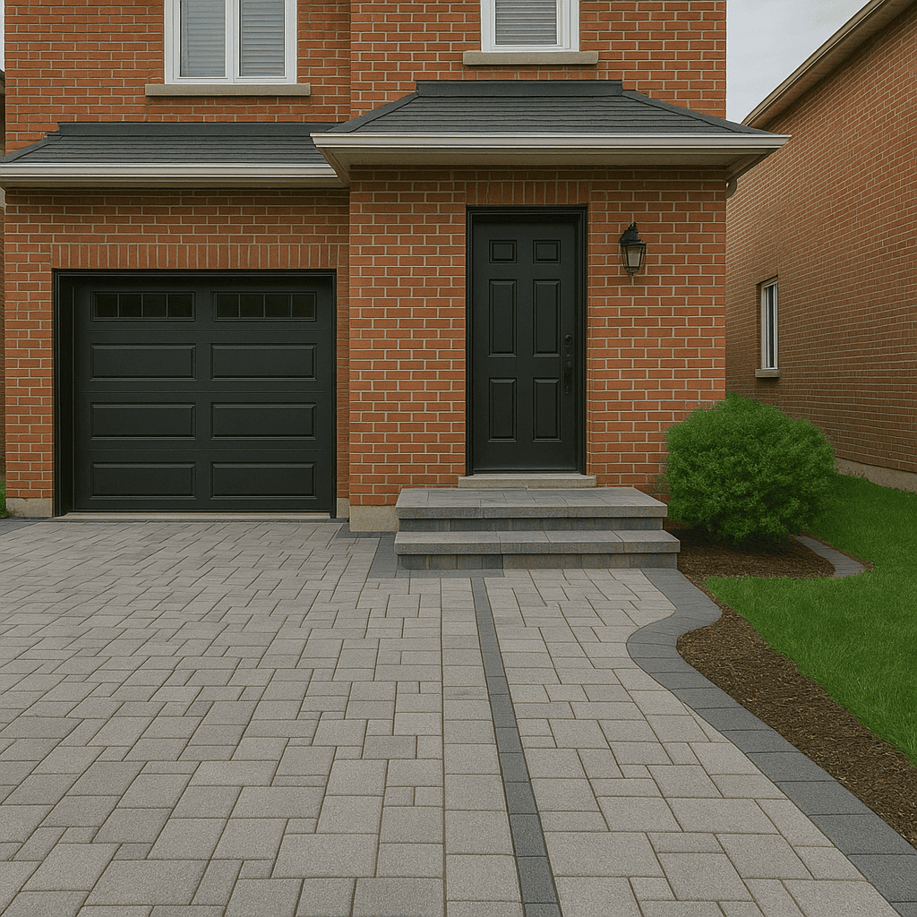 New interlocking stone driveway and front walkway leading to a brick home entrance