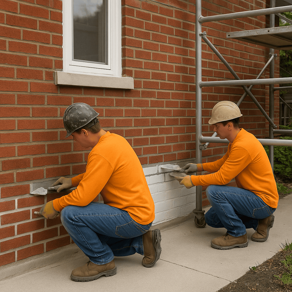 Two masonry workers apply mortar along the lower section of a red brick wall beside scaffolding