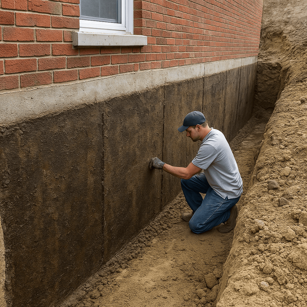 Worker inspecting an exposed concrete foundation wall beside a brick home