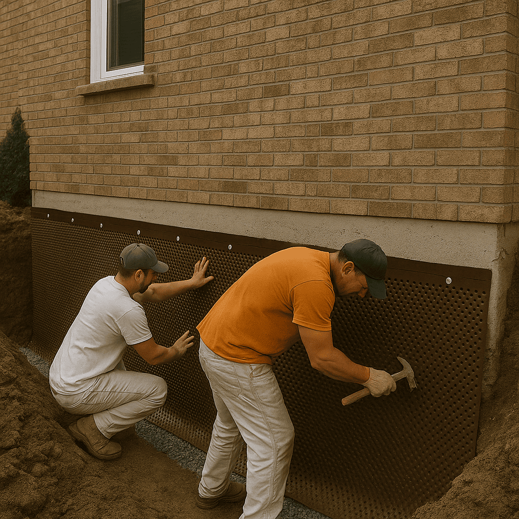 Workers securing a dimpled waterproofing membrane along a below-grade foundation wall