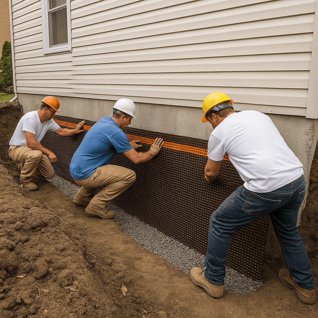 Workers install a dimpled membrane along an excavated exterior foundation wall