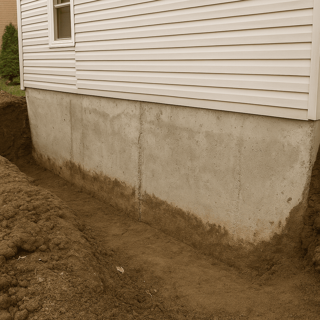 Excavated soil exposes a concrete foundation wall beneath a home’s vinyl siding